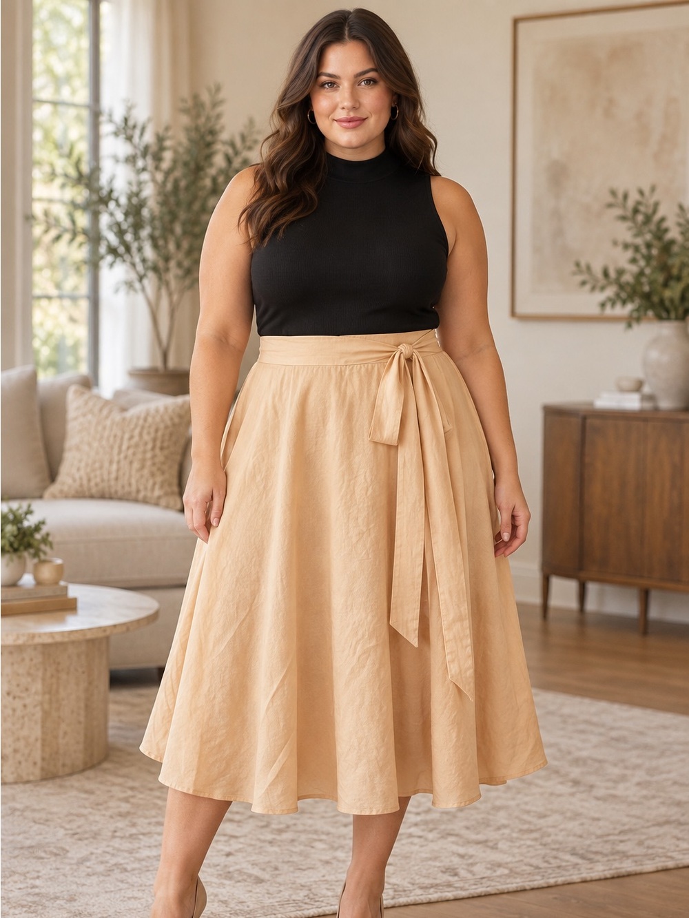Champagne Beige Tie-Waist Midi Skirt Size XXL